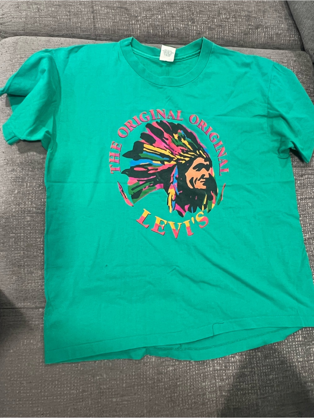 Vintage 80s/90s Levi's Graphic T-Shirt - Made in USA - Size L Distressed Green